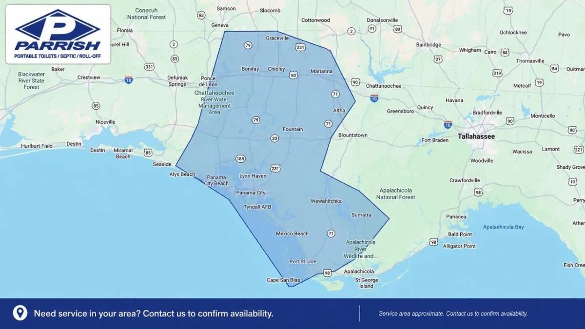 Map of the Parrish dumpster rental service area across the Florida Panhandle